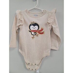 Girls Carters Beige Penguin Long Sleeve Bodysuit With Ruffles & Snaps